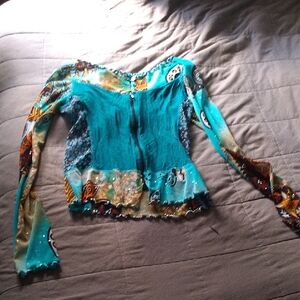 Stylish Women's Teal and Multicolor Long Sleeve Blouse